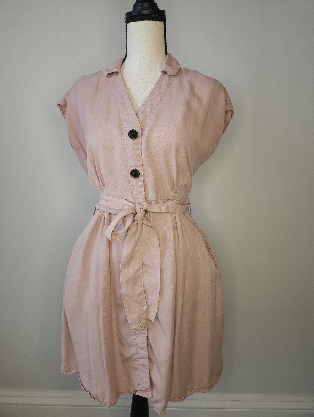 ZARA Blush Pink Button Front Belted Shirt Dress w/ Pockets XS - Picture 3 of 6